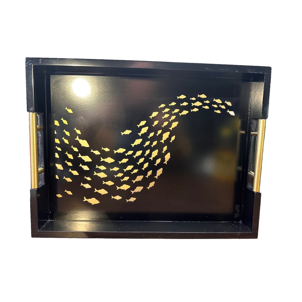 Rectangle Black Serving Tray With Gold Handles - School Of Fish Design 15.5" L